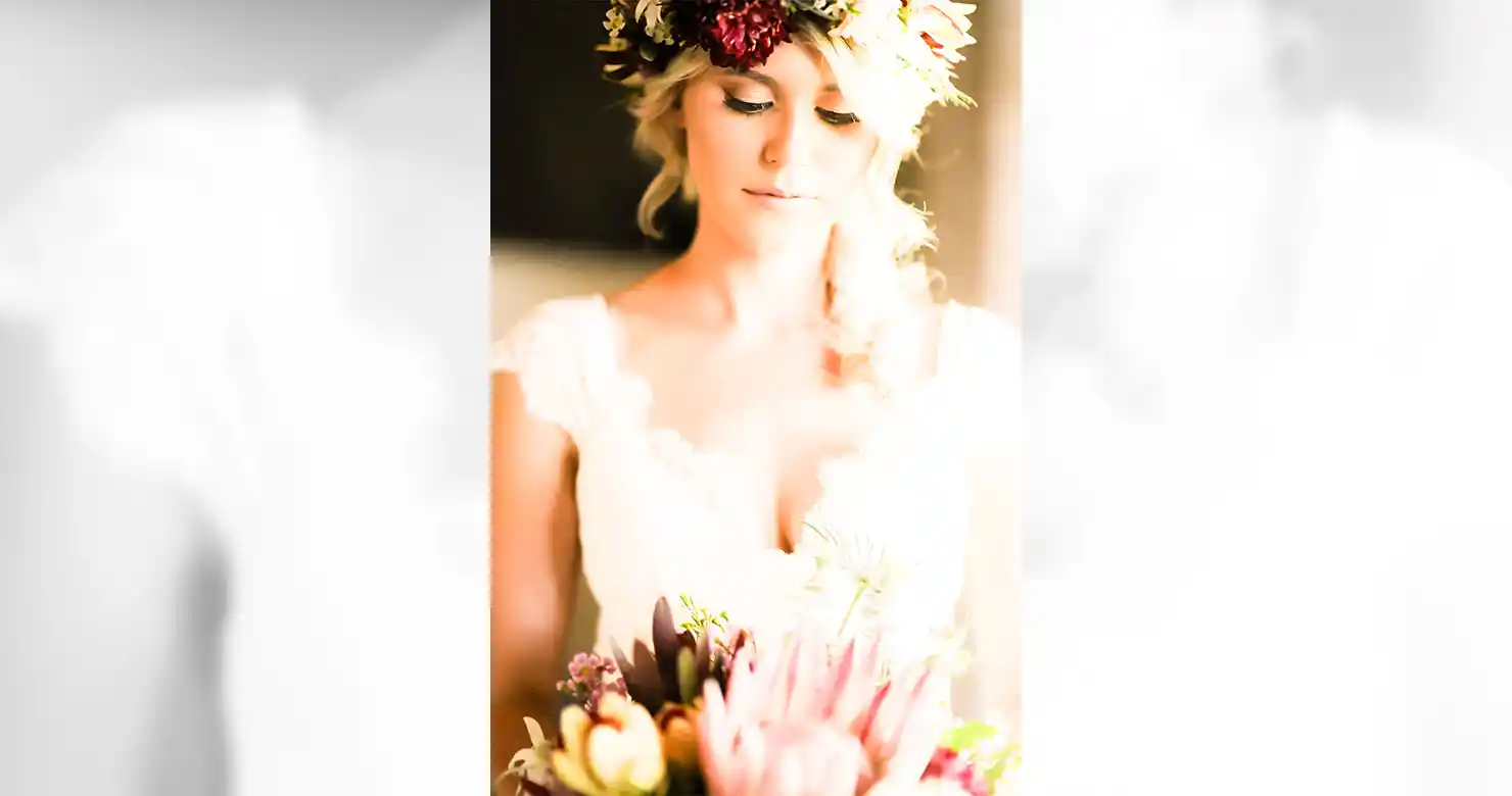 Bridal portrait straight out of camera, with a flat colour cast and uneven skin tones